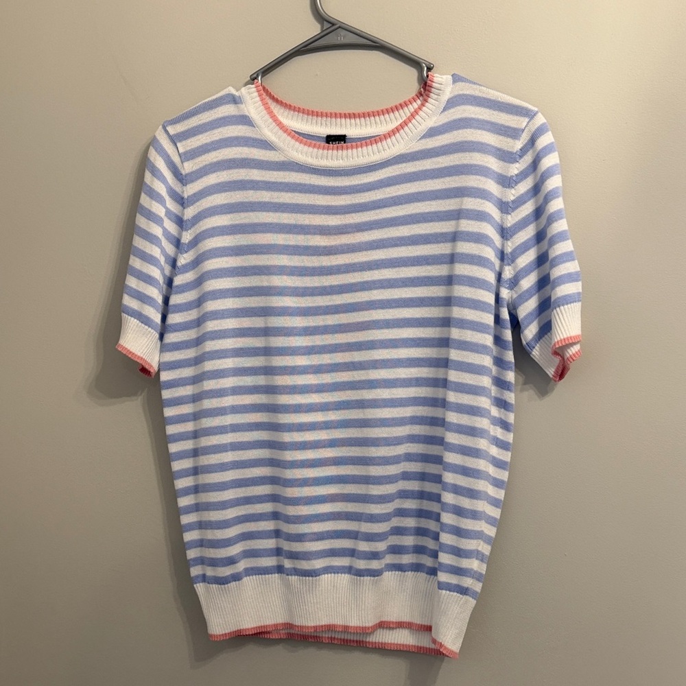 SHEIN Blue and White Striped Short Sleeve Sweater with Pink Trim